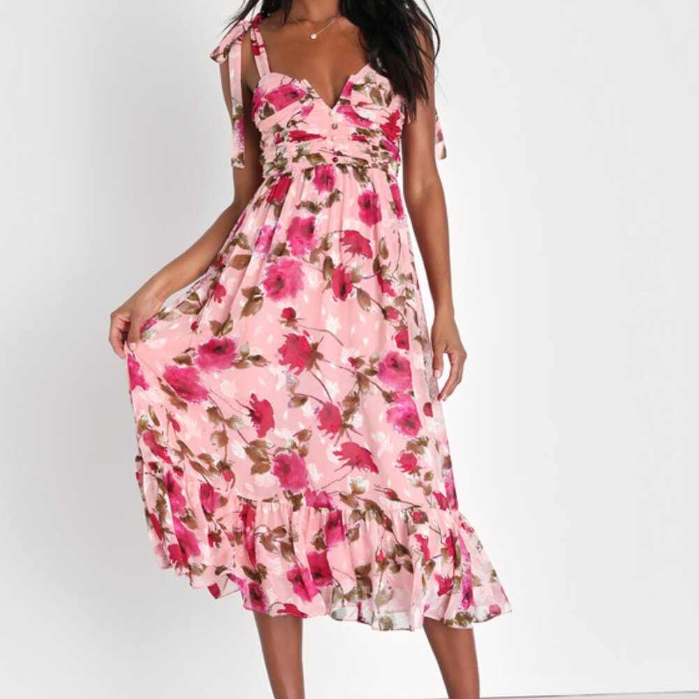 Lulus Lush Loveliness Pink Floral Jacquard Tie-strap Midi Dress - Size M
